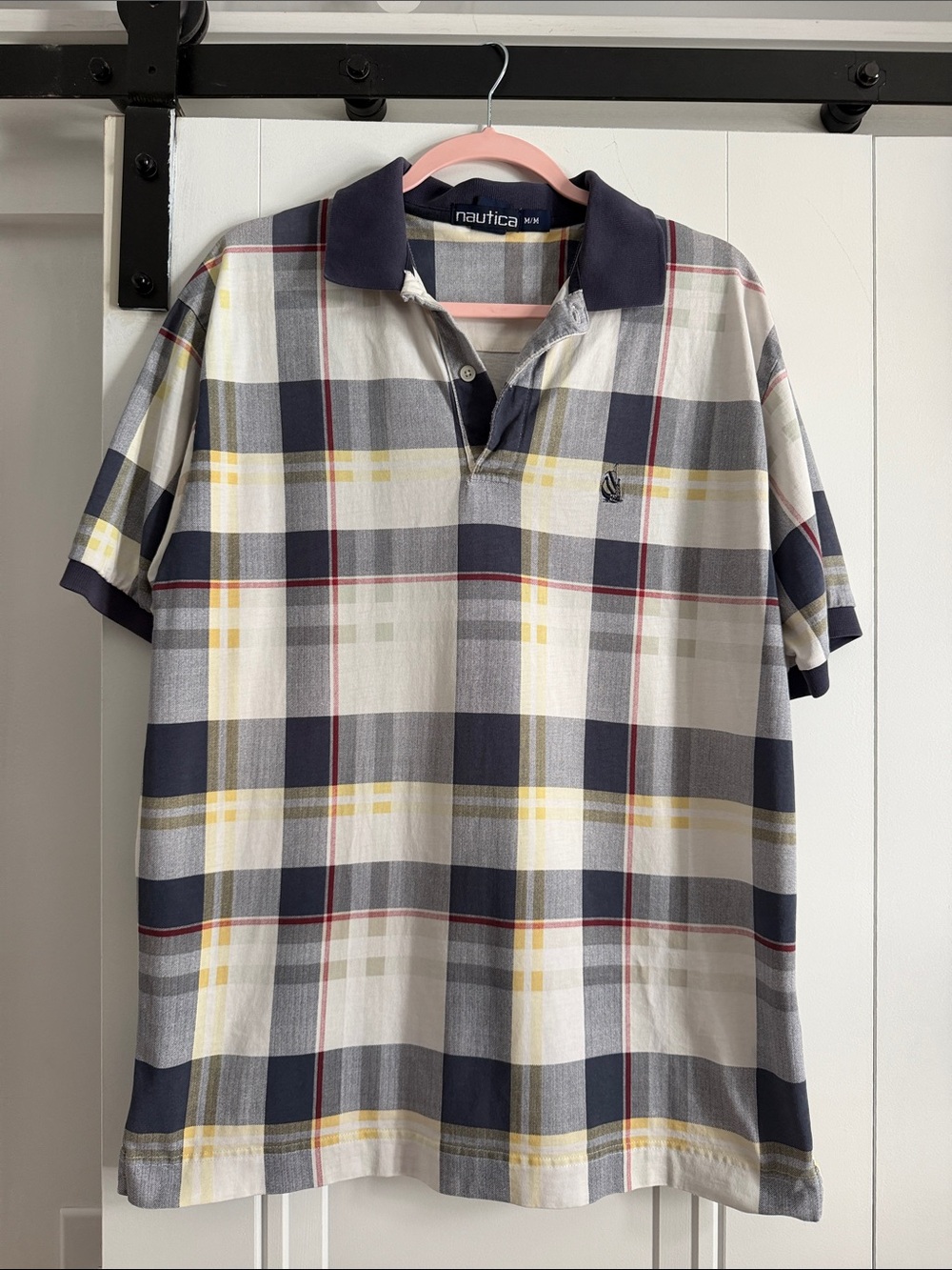 Vintage Nautica Short-Sleeve Plaid Polo - Navy, White & Yellow